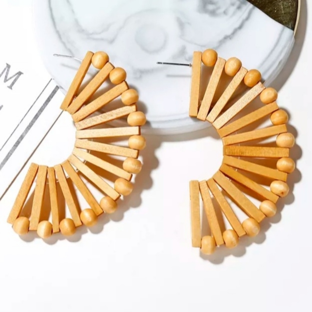 Geometric Wooden Crescent Cuff Earrings